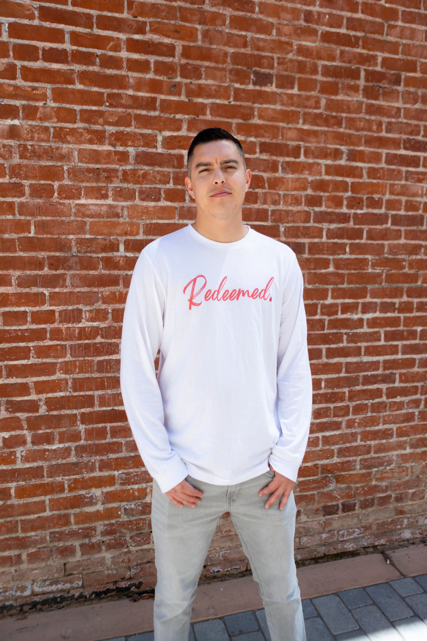 Redeemed White Longsleeve T-shirt| White like snow. Red like the blood,