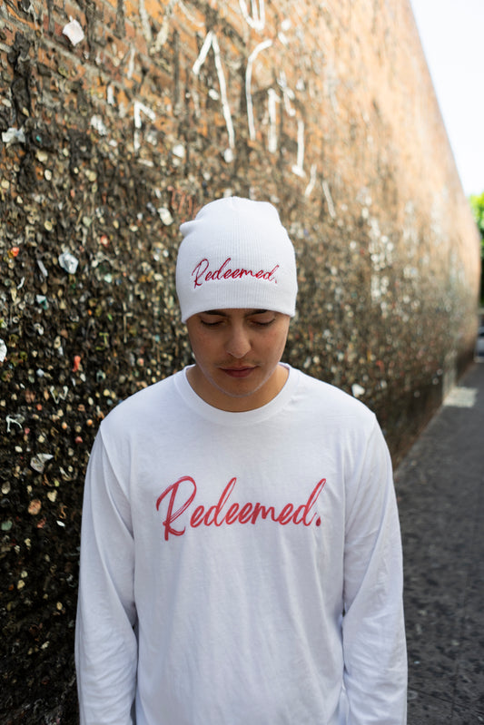 Redeemed Adult Knit Beanie | White Like Snow. Red like the Blood.