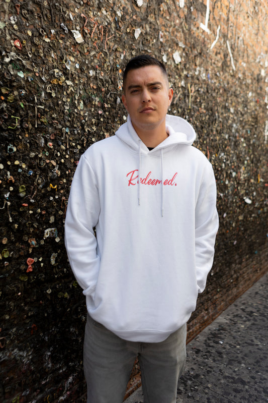 Redeemed White Pullover Hoodie | White like snow. Red like the blood.